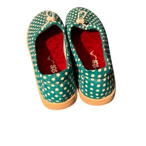 SAS Funk Tech Leather Slip On Tri Pad Comfort Shoe Sz 9M Aqua White Polka Dot - Picture 3 of 7